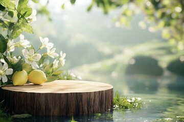 A natural wood trunk for product display on the grass, surrounded by clear water and lemons, the big green plants and jasmine flowers