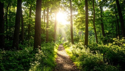Obraz premium Sunlit Forest Path Natures Serene Journey with Sunshine Through Trees, and Outdoor Hiking.