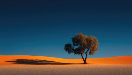 A solitary tree stands sentinel in a vast, golden desert landscape under a vibrant twilight sky
