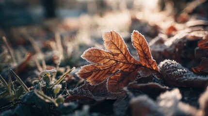 Frosted leaf resting on a dark surface during early morning light showcasing nature's delicate beauty