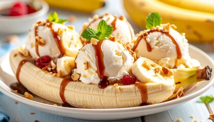 Banana split dessert close up