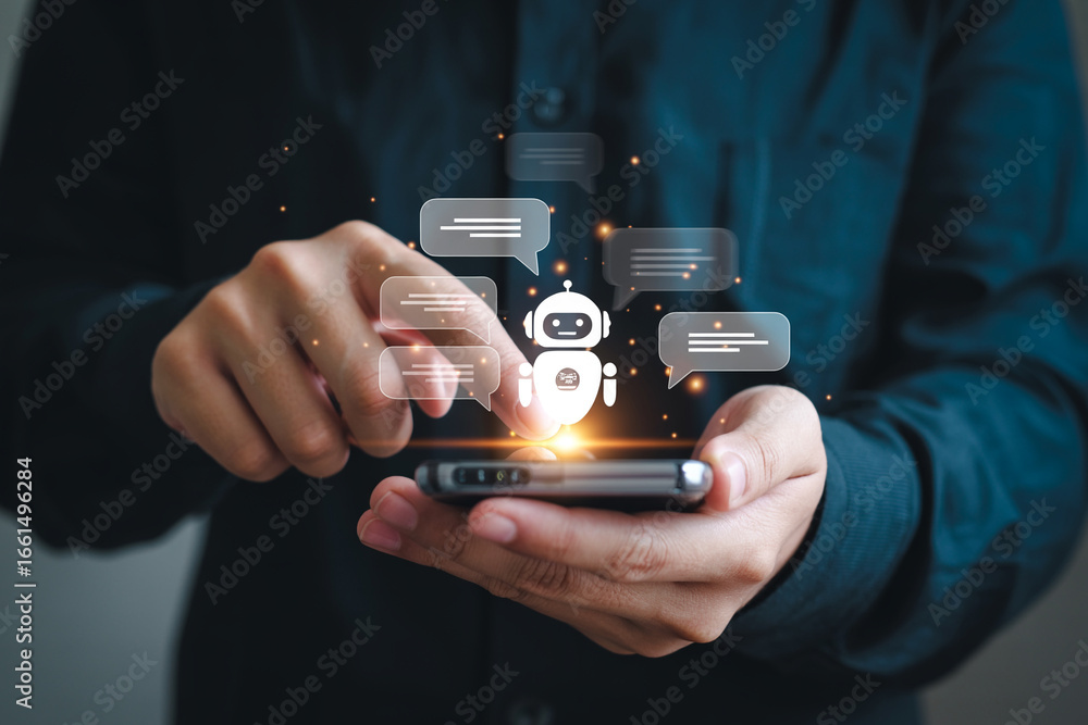 Aufkleber chat bot ai assistant on mobile phone concept of digital customer service automation technology