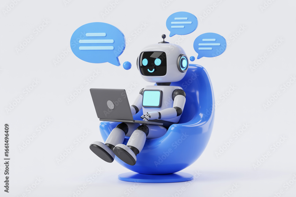 Aufkleber robot chatbot ai artificial intelligence working on laptop in chair with speech bubbles concept