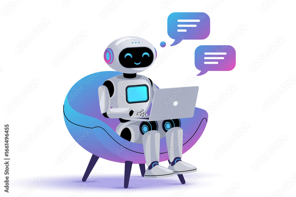 Poster robot ai chatbot using laptop for communication and assistance in modern technology solutions 100
