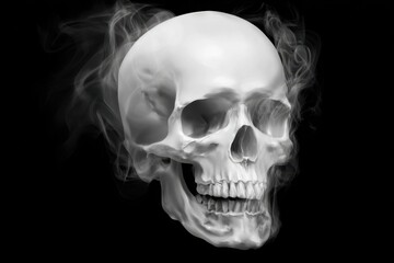 Smoke Surrounding White Skull on Black Background - Eerie and Mysterious.