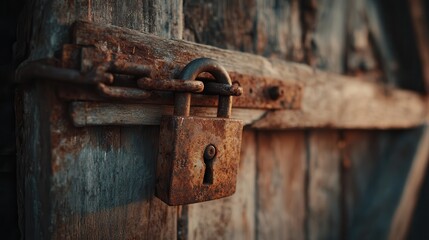 Old rusty padlock securing weathered wooden door in a rustic setting