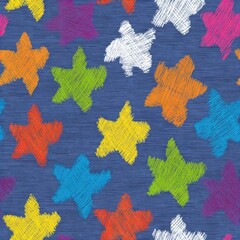 Colorful Scratched Stars Pattern on Blue Background - Vibrant Abstract Design.