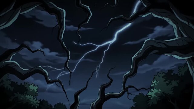 Cartoon stylized night landscape with dark trees and cloudy blue-purple sky