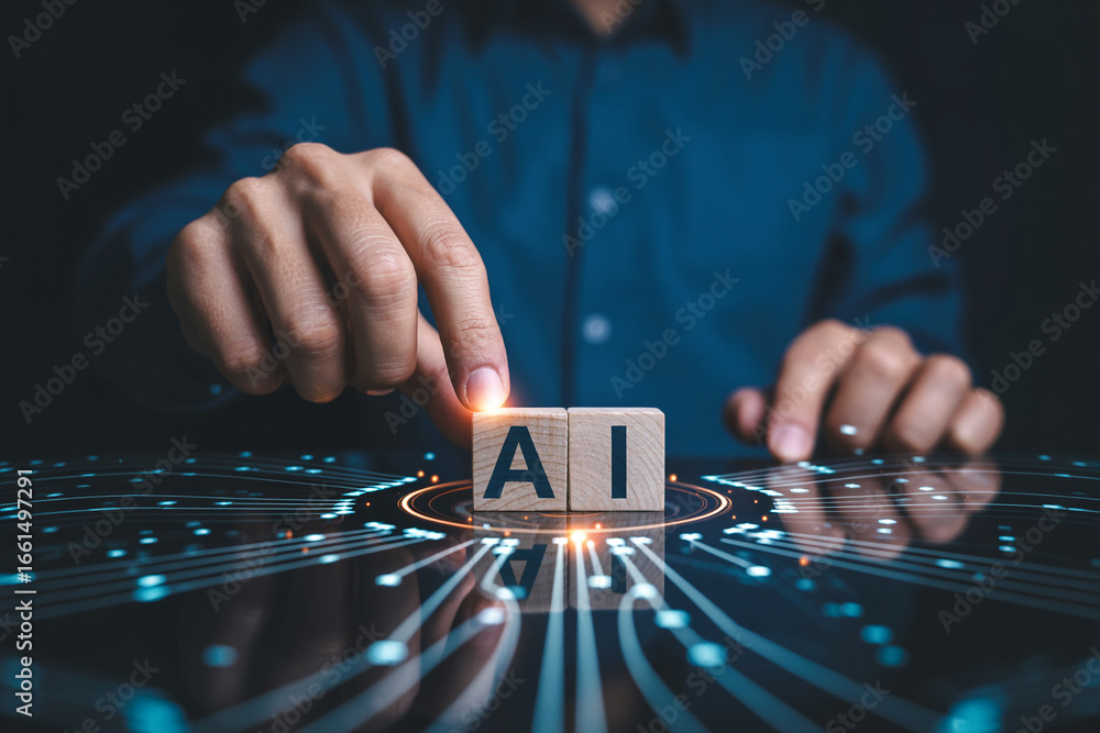 Poster ai artificial intelligence technology concept hand touching ai blocks on circuit board background