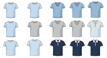Assortment of T-shirts: Crew, V-neck, and Polo Shirt Designs in Various Colors