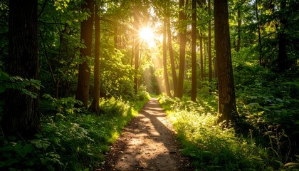 Obraz premium Sunlit Forest Trail Peaceful Path Through Lush Green Woods with Sunlight Rays.