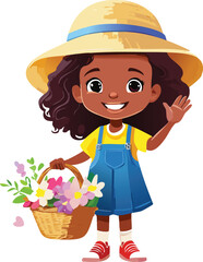 A cheerful young girl wearing a straw hat waves while holding a basket of colorful flowers.