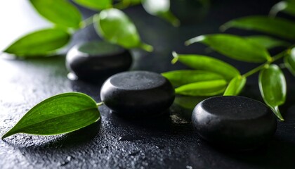 Dark stones and green leaves spa theme