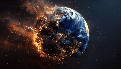 Earth ablaze in space.  Fiery destruction engulfs a depicted planet, contrasted by its blue and grey surface.  Space debris and fire surround the globe