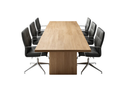 Modern oak conference table with black leather chairs meeting room furniture, Isolated On Transparent Background - Powered by Adobe