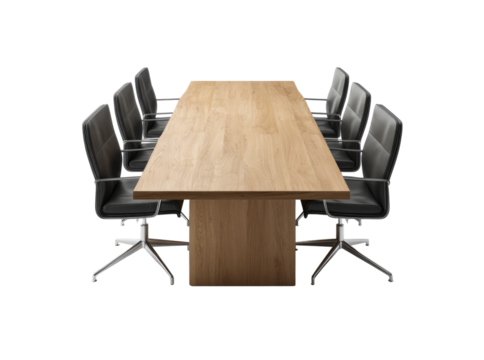 Modern oak conference table with black leather chairs meeting room furniture, Isolated On Transparent Background - Powered by Adobe