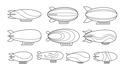 Set of passenger airship outline set collection, Bright colored cigar shaped balloons retro zeppelin with stripes cabins, mechanical flying airship, huge balloons tourism, Airship doodle coloring book © vesvocrea