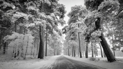 Snowy forest road.  A grayscale view of a snowy path, lined with tall, snow-covered pine trees, creating a tunnel-like effect.  The road and ground are completely blanketed in snow