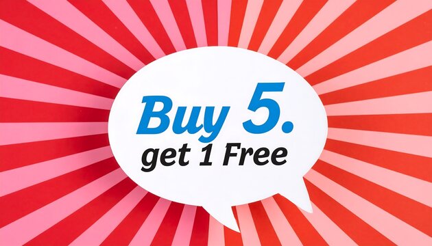 Red radial background with speech bubble, "Buy 5, get 1 free