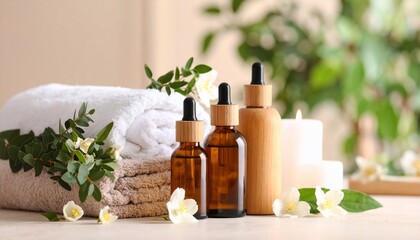 Spa-themed still life featuring aromatherapy oils, towels, flowers, and candles setup