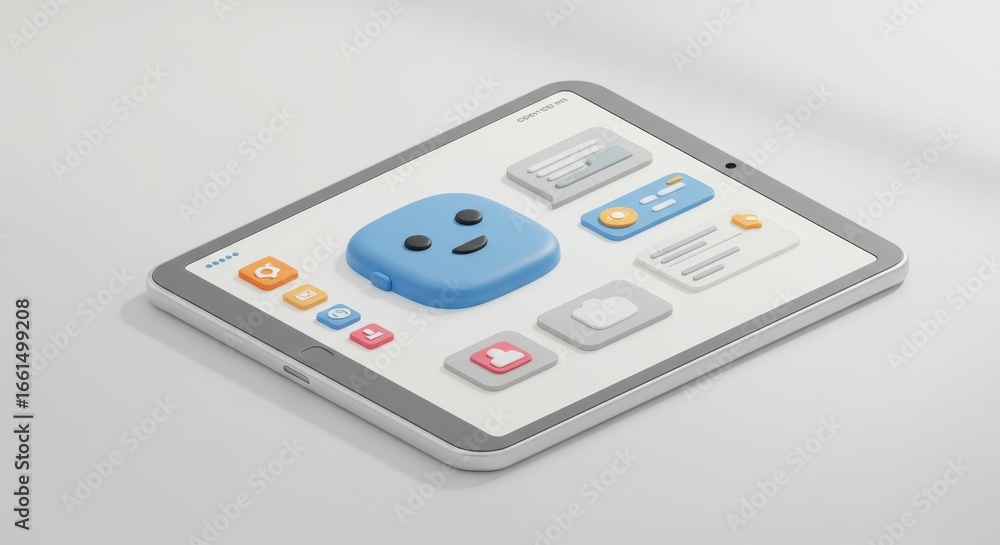 Poster stylized tablet showcasing a friendly interface with app icons and cartoonish elements