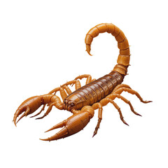 A golden brown scorpion with large pincers and a curved tail isolated on black background