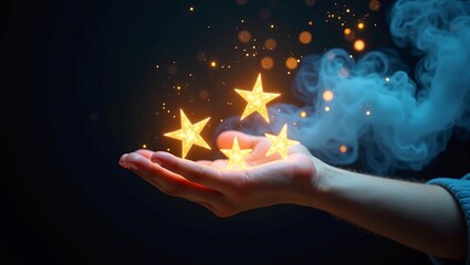 Imagination and creativity concept with glowing magical stars floating above open human hand on dark smoky background