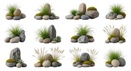Stone and grass arrangement set on transparent background