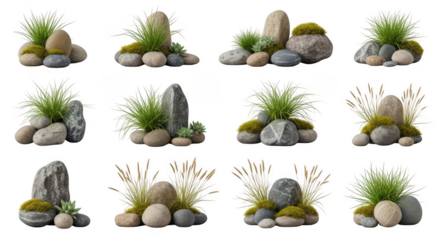 Stone and grass arrangement set on transparent background