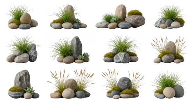 Stone and grass arrangement set on transparent background