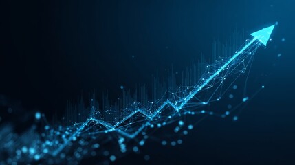 Business growth concept with rising arrow, digital financial data, market strategy charts, and technology-inspired circuit lines on dark blue background for corporate investment and profit visualizati