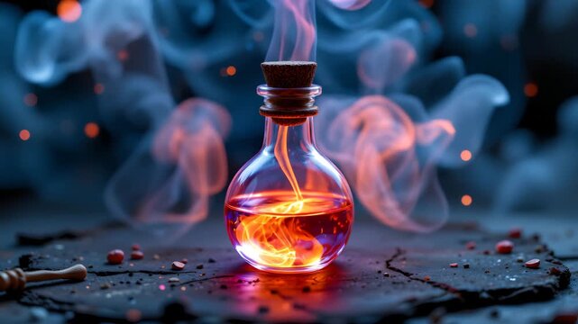 Potion's Aura: A glowing potion bottle, swirling with energy, emits wisps of smoke.