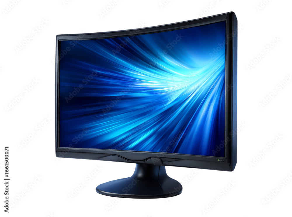 Poster sleek curved monitor displaying dynamic blue light streaks, isolated on transparent background