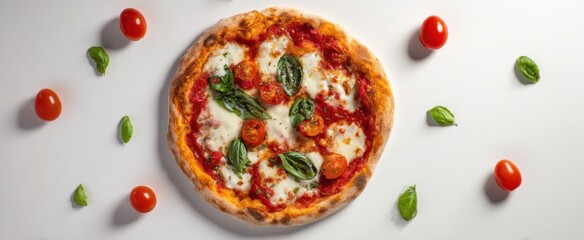 The delicious pizza with fresh mozzarella, tomatoes, and basil on a white background.