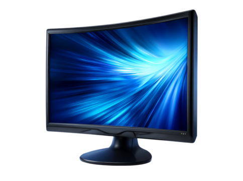 Sleek curved monitor displaying dynamic blue light streaks, Isolated On Transparent Background