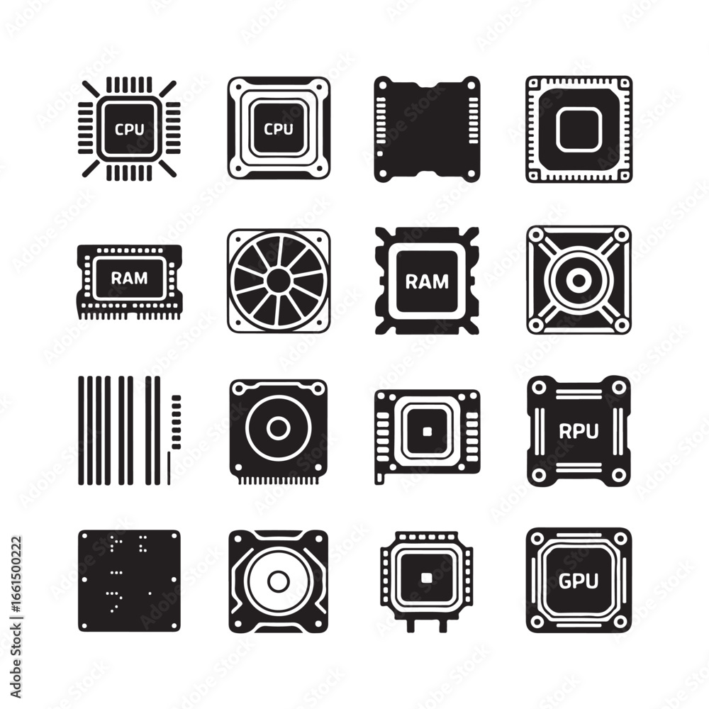 Fototapete collection of stylized computer hardware icons representing cpu ram gpu and fan components silhouett