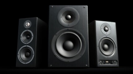 Fototapeta premium Speaker System: Pair of Modern Black Speakers with Subwoofer for Home Theatre Sound