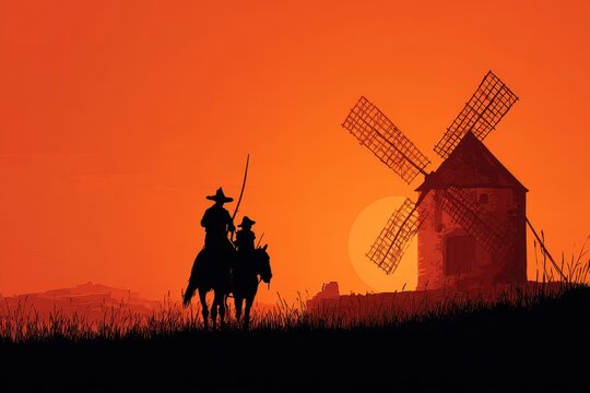 Spain Don Quixote. Silhouette of Don Quixote Riding Horse in Adventure