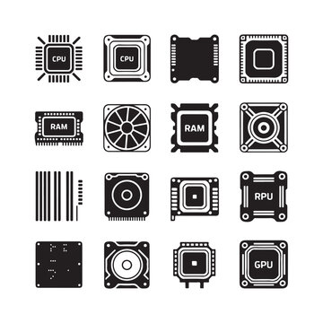 Collection of stylized computer hardware icons representing cpu ram gpu and fan components silhouette