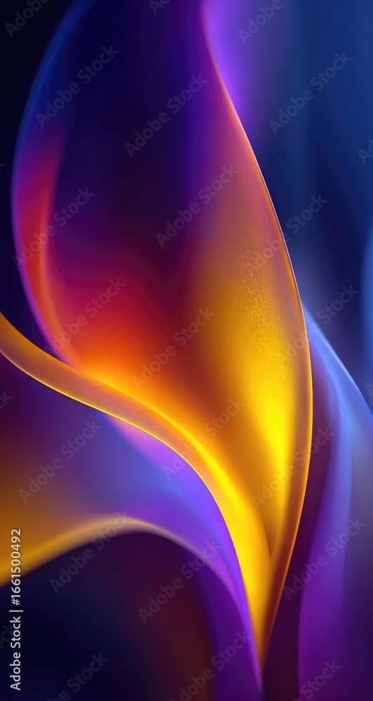 Poster abstract flowing forms in vibrant hues of purple, blue, and gold. soft, smooth curves create a dynam