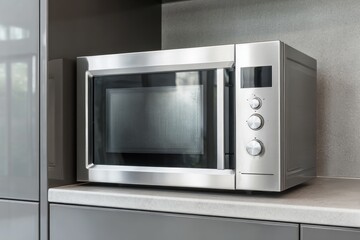 Obraz premium Stainless Steel Microwave. Metallic Equipment in Gray Kitchen Interior