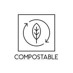 Compostable eco product label with leaf recycling arrows line art