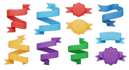 3d colorful ribbons and label set on transparent background