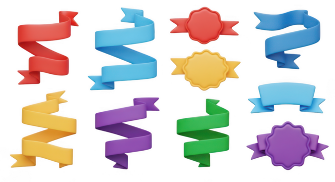 3d colorful ribbons and label set on transparent background
