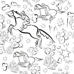 Seamless vector pattern with cowboy attributes and horses in doodle style on isolated white background. Cowboy theme. For wallpapers, backgrounds, print wallpapers, fabrics and wrapping paper.