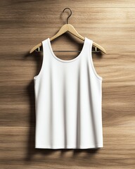 Minimalist white tank top on wooden hanger.