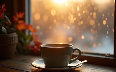 Obraz premium Warm coffee on a rainy day cozy morning beverage hot drink autumn winter window sunlight golden hour indoors home comfort. High quality