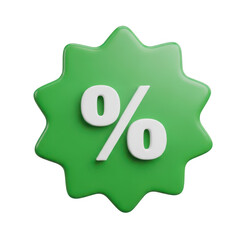 3d green starburst with percent symbol on it isolated on transparent background