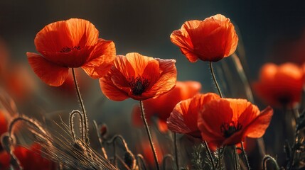 Obraz premium Beautiful orange poppy flowers blooming in a serene field during sunset in early spring