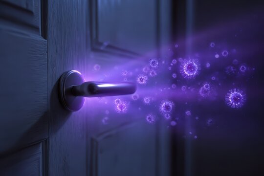 UV Light Home. Dirty Door Handle Surface Revealed with Ultraviolet Light